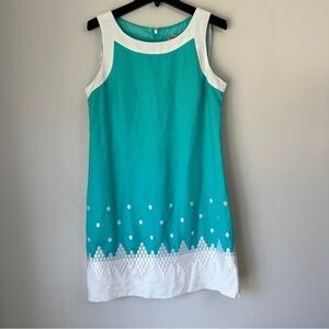 Eliza J Linen Blend Sheath Dress light Blue White Embroidered Lined size 12